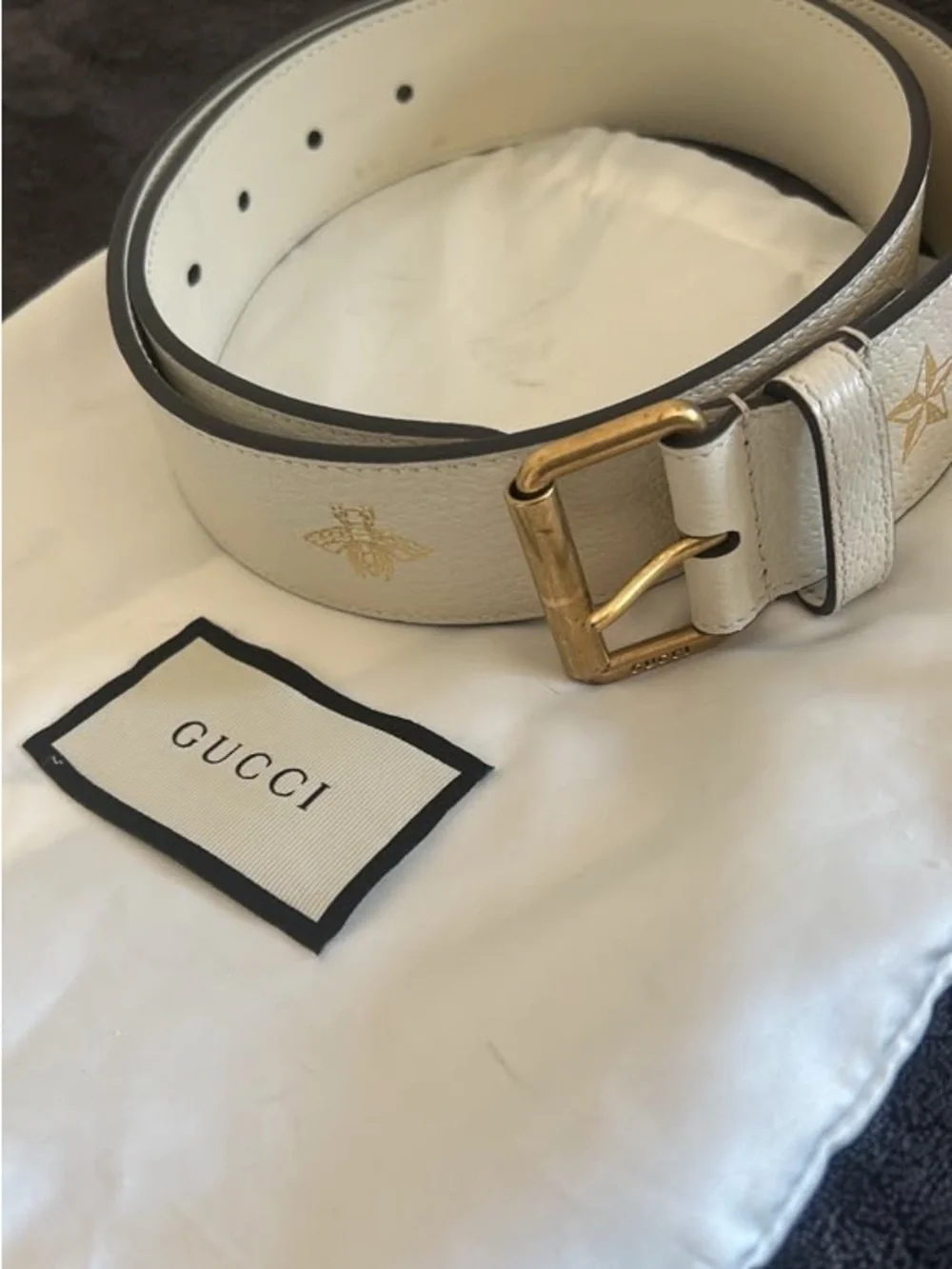 Gucci Cream Leather Belt with Gold Bee & Star Embossing
